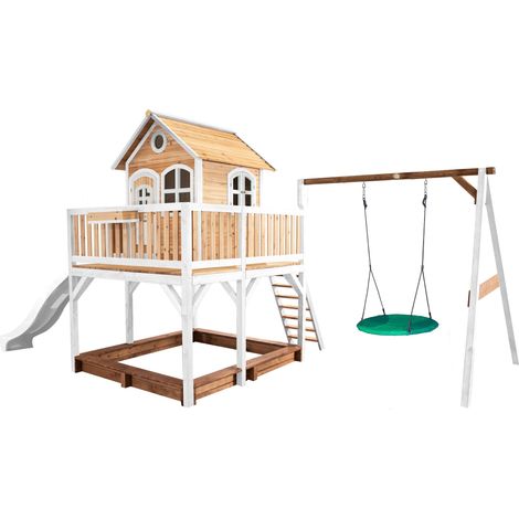 Axi Liam Maison Enfant Avec Bac À Sable, Balançoire Nid D’Oiseau Vert & Toboggan Blanc  Aire De Jeux Pour L'Extérieur En Marron & Blanc  Maisonnette / Cabane De Jeu En Bois Fsc