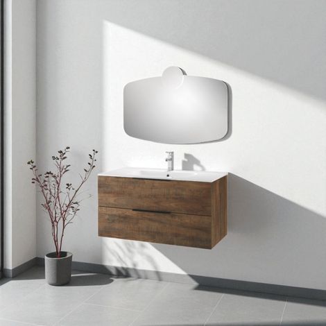 Mobile da bagno sospeso 100 cm BALI tabacco e specchio con applique LED (1/5)