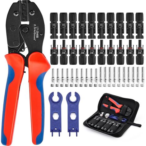 Pince à Sertir, Outils de Sertissage Solaires Pour 2,5/4/6 mm² Solaire Cable avec 10 Paires de Connecteurs Solaires, Pince a Sertir, 2 Clés, pour l'assemblage des Câbles des Panneaux Solaires (1/5)