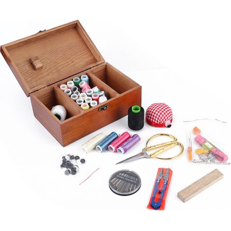 Boîte à couture vintage en bois pour la maison, rangement aiguilles et fils, organisateur d'outils de couture DIY, kit de couture à motifs Taraxacum (1/5)