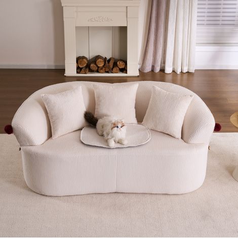 MODFU – Canapé 2 places velours côtelé 104 cm – Design chapeau de clown et pompons – 3 coussins et 1 coussin animal inclus – Salon ou chambre – Blanc (1/5)