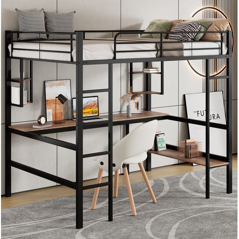 Hochbett Metall schwarz 90x200 cm mit Schreibtisch, 4 Regalen und Bücherregal, inklusive Lattenrost (1/5)