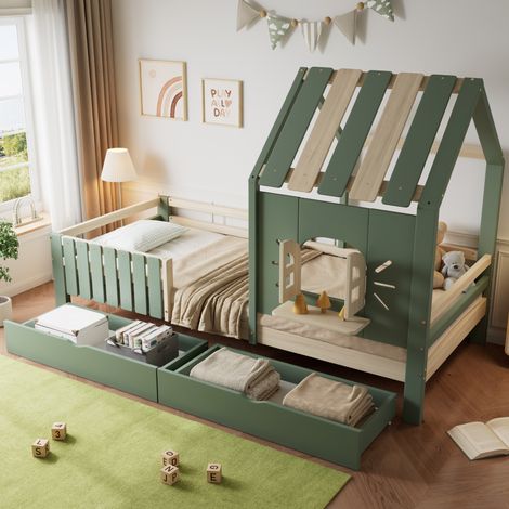 Cama cabaña infantil 90x200 cm de madera verde con almacenamiento para dormitorio infantil (1/5)