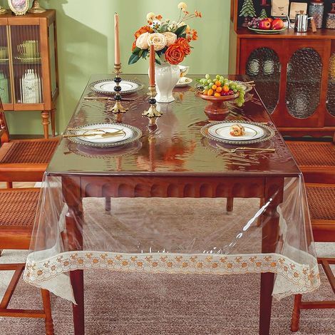 Tovaglia trasparente spessa 150 x 190 cm, impermeabile, in PVC trasparente, antigraffio, per uso interno ed esterno. (1/5)