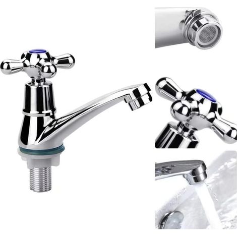 Robinet de lavabo à poignée unique, robinet mitigeur à eau froide, robinet d'eau froide, robinet d'évier de salle de bain, robinet de vestiaire chromé à poignée croisée avec filtre (1/3)