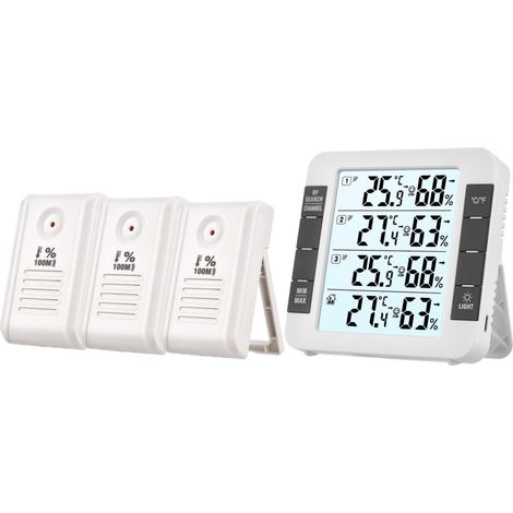 Thermohygromètre numérique 3 canaux intérieur/extérieur avec capteur déporté 100 m (328 pi), rétroéclairage, indicateur de température et d'humidité, moniteur de niveau de confort, 3 transmetteurs pou