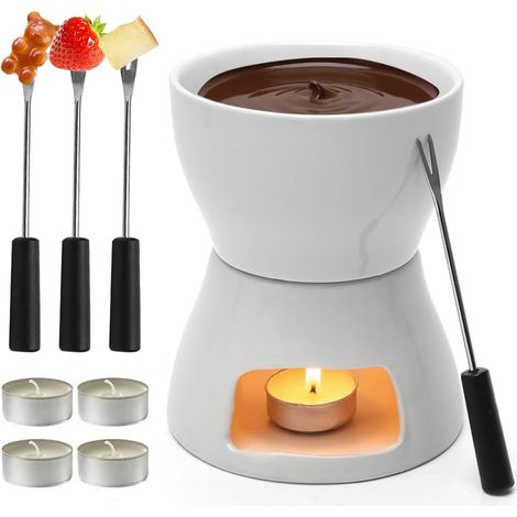 Set à Fondue au Chocolat avec 4 fourchettes, caquelon à Fondue au Chocolat 400 ML pour Chocolat et Fromage, Bol en céramique, caquelon, Bol à tremper pour 4 Personnes