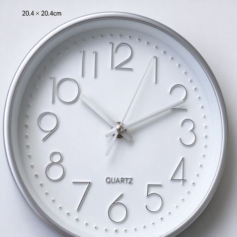 Horloge murale CL012-8, bordure argentée, fond blanc, dimensions 20,4 × 20,4 cm