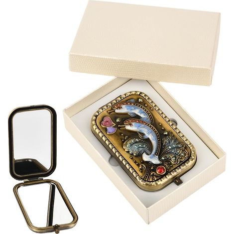 Espejo de maquillaje plegable de metal estilo vintage, portátil, compacto, de doble cara, esencial, con cristal normal y lupa, diseño de delfín, mini tocador (1/5)