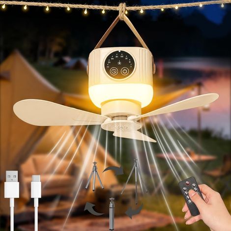 Ventilateur de plafond de camping avec lumière et télécommande, 4 vitesses, amovible avec crochets et minuterie, rechargeable par USB pour tente et pique-nique - Crème (1/5)
