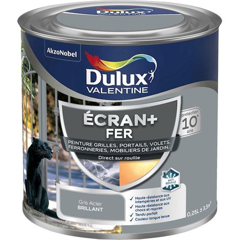 ECRAN+ FER BRILLANT - Peinture pour fer intérieur/extérieur - Grilles, portails, volets, ferroneries, mobiliers de jardin - Gris Acier 0,25 L - Dulux Valentine