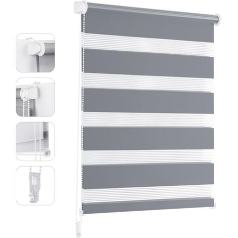 Enrouleur Jour Nuit sans Perçage 55cm x 130cm Grise Stores zébrés de Protection Solaire Facile à Installer avec Clips pour Fenêtre ou Porte (1/5)