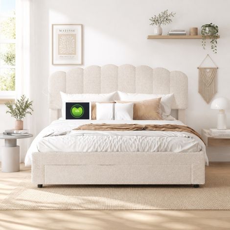 Lit adulte 160x200 avec tiroir, lit double capitonné, lit ado, tête de lit réglable en hauteur, 2 ports USB + 1 port Type-c, sommier à lattes, velours teddy, beige, chambre studio