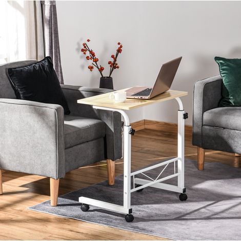 Mesa auxiliar de acero color arce 60 cm, altura regulable, diseño en C con ruedas (1/5)