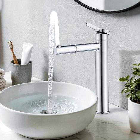 Robinet de lavabo haut chromé avec bec rotatif à 360° et corps – Robinet de salle de bain en acier inoxydable avec hauteur d'écoulement de 215 mm – Robinet de salle de bain mitigeur (1/5)