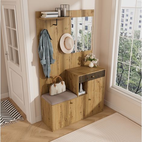 Vestiaire d'entrée en MDF noir et naturel avec miroir et assise rembourree, 110 x 37 x 185,5 cm, etageres et crochets (1/5)
