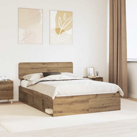 Cadre de lit 140 x 190 cm avec tête de lit, bois de pin massif, couleur chêne artisan - PANGIVO (1/5)
