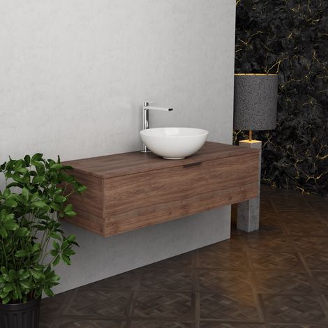 Inda - Badezimmerschrank B.120 mit Aufsatzwaschbecken / Braune Eiche 1 Schublade - Topazio (1/5)
