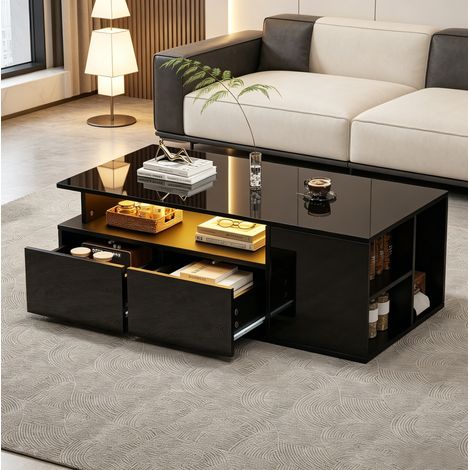 Tavolino da caffè 100x50x35 cm nero in pannello truciolare con LED, 2 cassetti e vani contenitivi (1/5)