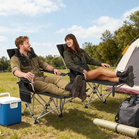 Lot de 2 chaises de camping pliantes inclinables, repose-pieds, porte-gobelet, noir (1/5)