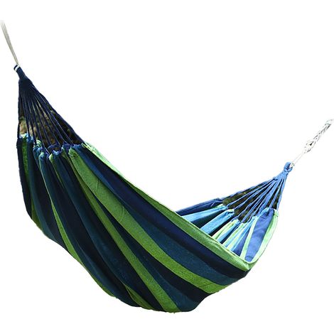 Hamac de jardin en polyester et coton, simple ou double, supportant jusqu'à 200 kg, anti-basculement, portable, idéal pour le camping, l'intérieur, la terrasse ou le jardin. Bleu et vert. (1/3)