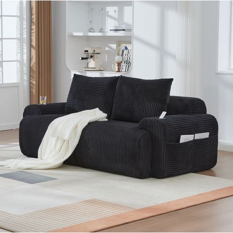 REDOM - Sofa modular de 2 plazas respaldo cómodo, portavasos, bolsillo lateral, tejido corduroy negro (1/5)