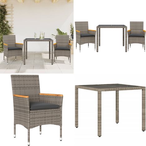 Ensemble à manger de jardin et coussins 3 pcs gris rotin verre - Salon De Jardin - Mobilier De Jardin - Set De Table - Chaises De Jardin - Table Basse - Home & Living (1/5)