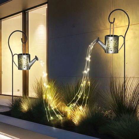 Lampada solare a presa per annaffiatoio, lampada da giardino per esterni nel design dell'annaffiatoio, lampada da presa, argento, 24 LED bianco caldo, H 94 cm, giardino, vialetti, prato, set da 2
