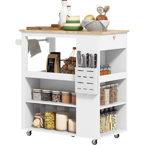 Carrello da Cucina Piano in Legno Isola Multiuso con Portaspezie e Portasciugamani 86,5x47x88 cm in Legno Bianco (1/5)