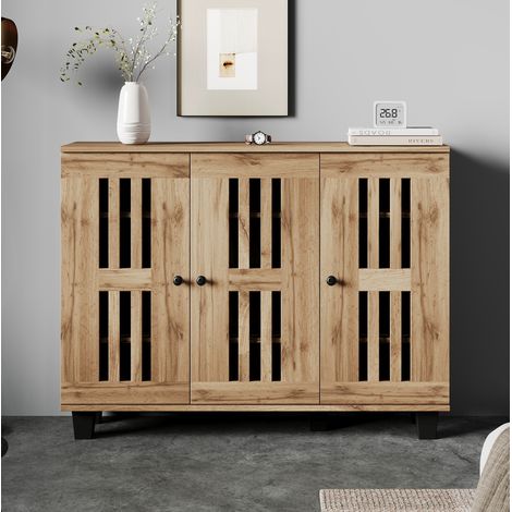 Aparador de tablero de partículas acabado madera natural 120 x 32 x 92 cm, 3 puertas, 8 huecos (1/5)