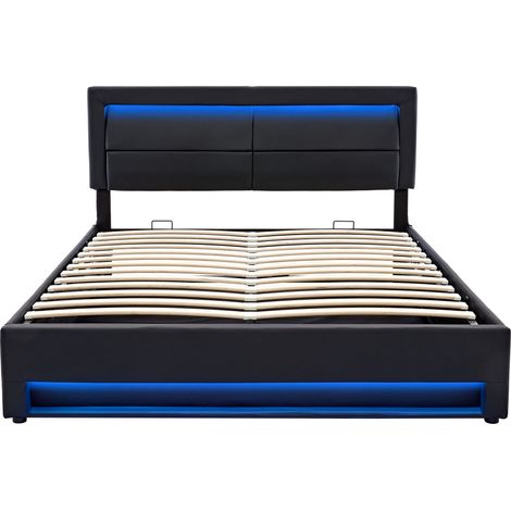 Lit 140x190 cm rembourré noir avec USB, LED, rangement, sans matelas