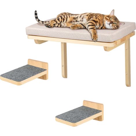 – Étagères murales pour chat – Mur d'escalade en bois clair – Dimensions 40x30x25cm – Avec planche à griffer intégrée – Couleur gris (1/5)