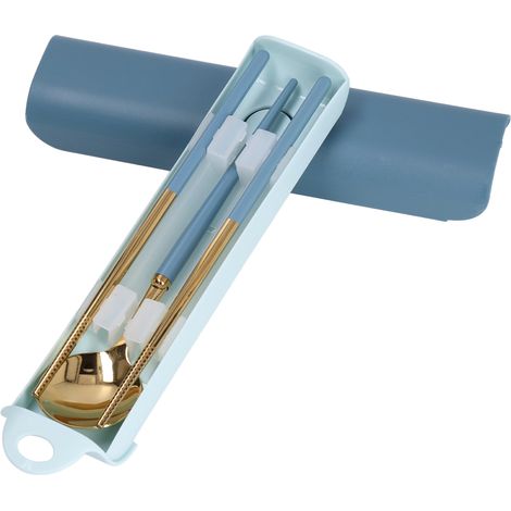 Wiederverwendbares Edelstahl-Besteckset für Schüler, Aufbewahrungsbox mit Gabel, Löffel und Essstäbchen, ideal für Reisen – Blau und Gold (1/5)