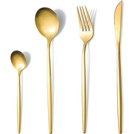 Ensemble de couverts 24 pièces en or mat pour 6 personnes, SANLI A Ensemble de service de table moderne en acier inoxydable Couteau Fourchette Cuillère, Passe au lave-vaisselle. (1/5)