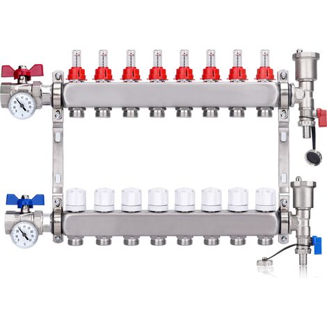 Kit Collecteur Radiateur, 8 Circuits Distributeur Chauffage, avec Thermomètreavec, Vannes à Boisseau Sphérique 1", avec Purgeur Manuel et Débitmètre, Raccords pour Eurocône 3/4, Distributeur HKV
