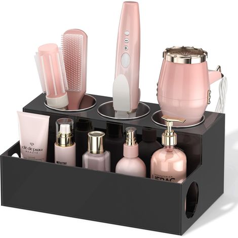 Organisateur d'outils pour cheveux, sèche-cheveux et coiffure, support de salle de bain en acrylique noir, support de sèche-cheveux pour comptoir de salle de bain, support de rangement pour (1/5)