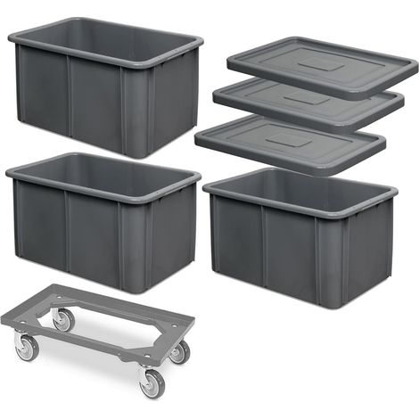 BRB 3x Schwerlastbehälter 600x400x320 grau mit Deckel + Transportroller (1/3)