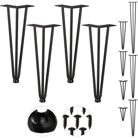 Relaxdays Hairpin Legs, Set of 4, 3 Bars, Metal, Table Support for Shelf and Stool, 36 cm, Black