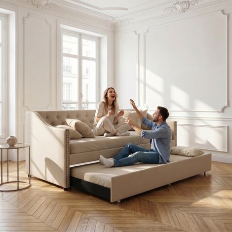 Schlafsofa 90x200 cm, ausziehbares Polsterbett, Stoffbezug, Lattenrost, Beige, modernes Schlafsofa