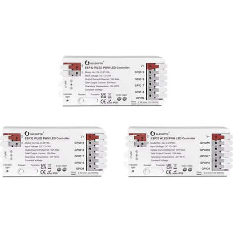 Tre controller LED GLEDOPTO ESP32 PWM WLED, modalità 5 in 1, 12-24 V, controllo tramite app WiFi, adatti per strisce LED RGBCCT, RGBW, RGB WWCW e CCT. (1/3)
