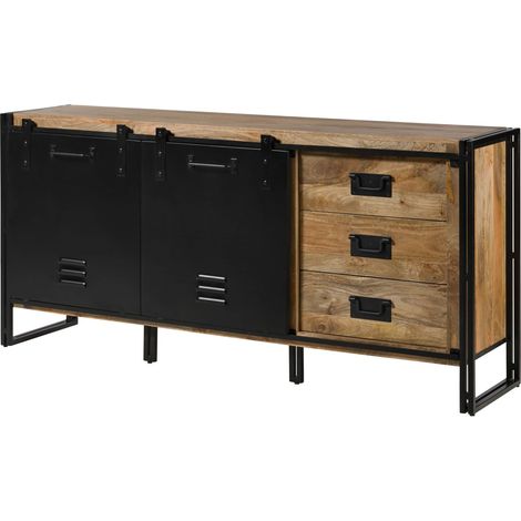 Buffet en bois de manguier 195x45x90 laqué naturel clair / Métal noir BLACKBURN 107