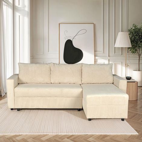 Canapé d'angle convertible et réversible avec coffre THEO en velours côtelé / Beige/ L230xH88xP145 cm (1/5)