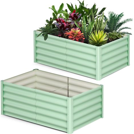 Lot de 2 bacs à fleurs en acier, jardinières rectangulaires extensionérieures, gants inclus, fond ouvert, Vert, 180x60x45cm (1/5)
