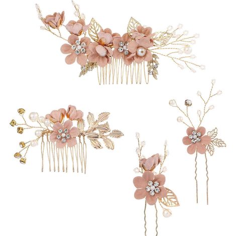 Lot de 4 peignes et épingles à cheveux pour mariée, accessoires de coiffure de mariage avec fleurs artificielles-Pink