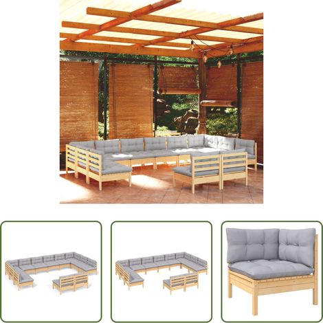 Terrassensofa - 12-tlg. Garten-Lounge-Set mit Grauen Kissen Kiefer Massivholz (1/5)