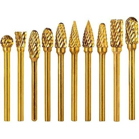 Set di 10 frese rotative a doppia scanalatura in carburo di titanio - gambo da 3 mm - testa da 6 mm - carburo di tungsteno massiccio - Per smerigliatrici, intaglio e lucidatura dei metalli. (1/5)