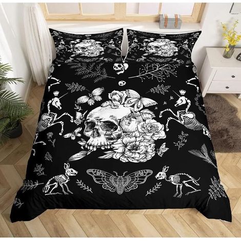 Skull Housse de Couette Halloween Moth Squelette Parure de Lit 220x240cm Ultra Doux Personnalisé Gothique Os Parure - LDC (1/4)
