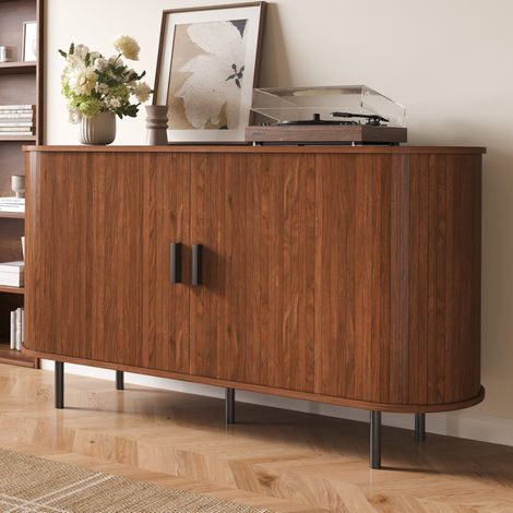 Buffet 140x40x75 cm avec 2 portes coulissantes rainurées, 4 compartiments, étagères ouvertes, noyer (1/5)