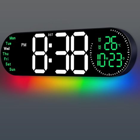 Horloge murale numérique de 43,7 cm (17,2 pouces) avec télécommande 9 couleurs, date, jour de la semaine, température, luminosité réglable automatiquement, veilleuse intégrée, verte (1/4)