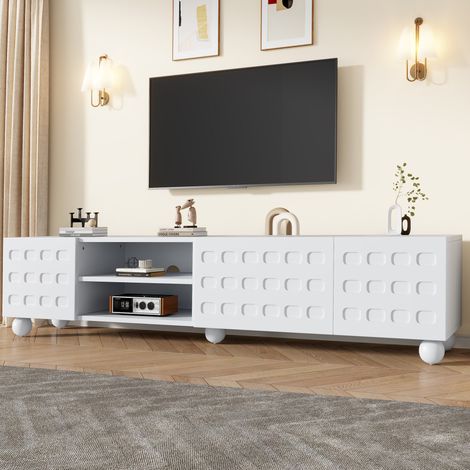 Meuble TV blanc 200 cm avec 3 portes et 2 niches semi-ouvertes, pour hôtel et appartement (1/5)